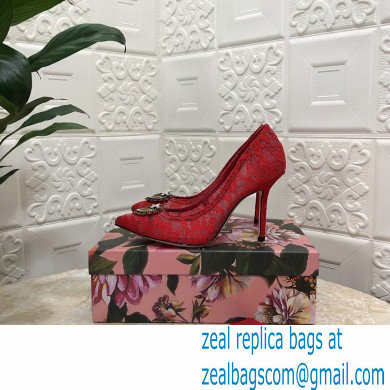 Dolce  &  Gabbana Heel 10.5cm Taormina Lace Pumps Red with Devotion Heart 2021